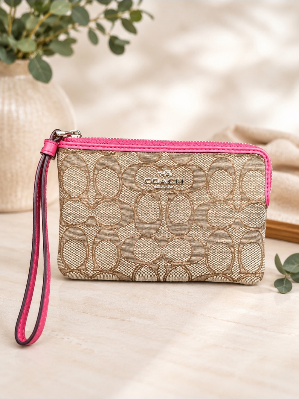 Coach Signature Canvas Corner Zip Wristlet with Pink Trim